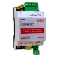CAN-CM3-LoRa: CANx / LoRa 433 MHz AC 230V senzor (1x měřič napětí + 3x vstup pro proudové trafo)