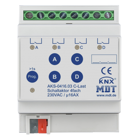 AKS-0416.03: Spínací aktor 4 násobný, 16 A, 230 VAC, C-load