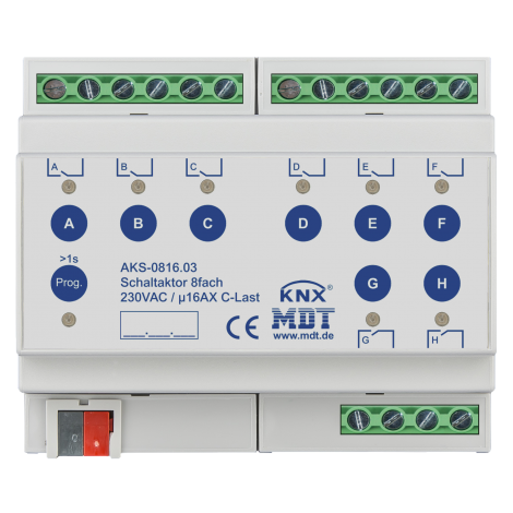 AKS-0816.03: Spínací aktor 8 násobný, 16 A, 230 VAC, C-load