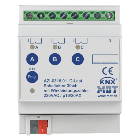 AZI-0316.01: Spínací aktor 3 násobný, 16/20 A, 230 VAC, C-load